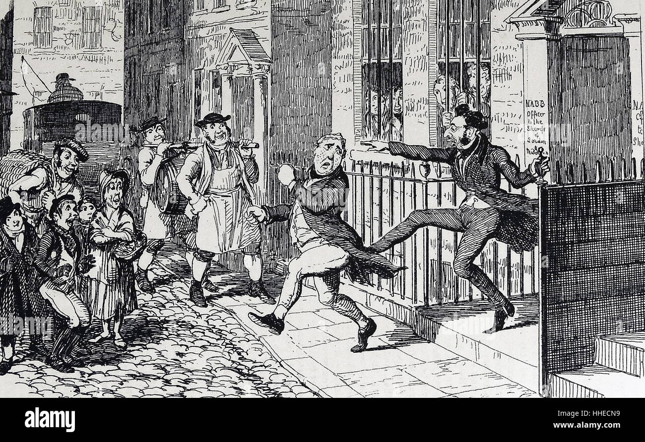 Calendrier Stubb's ou les bottes fatales. Bob la Stubbs, sac à George Cruikshank illustration pour le comic almanack for 1839 Banque D'Images