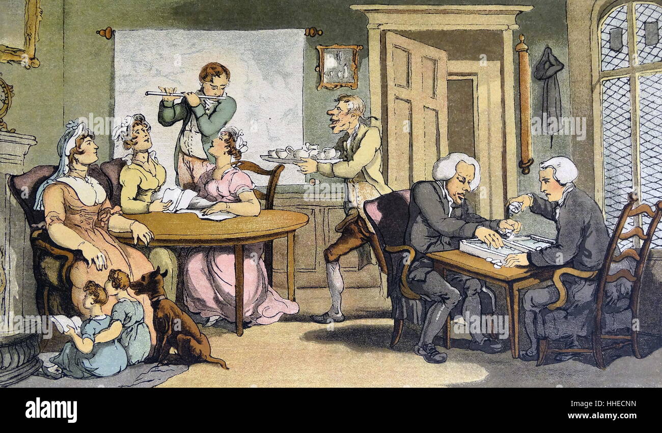 Illustration par Thomas ROWLANDSON (1817) de Oliver Goldsmith Le vicaire de Wakefield qui fut publiée pour la première fois en 1766. Une soirée à la maison du Dr Torrey, le vicaire de Wakefield, et sa femme, Deborah. Sophia et Olivia chanter au son d'une flûte, le bon Vicaire joue au backgammon avec un autre clerc, et les deux plus jeunes enfants lire un livre en face de l'incendie. Banque D'Images