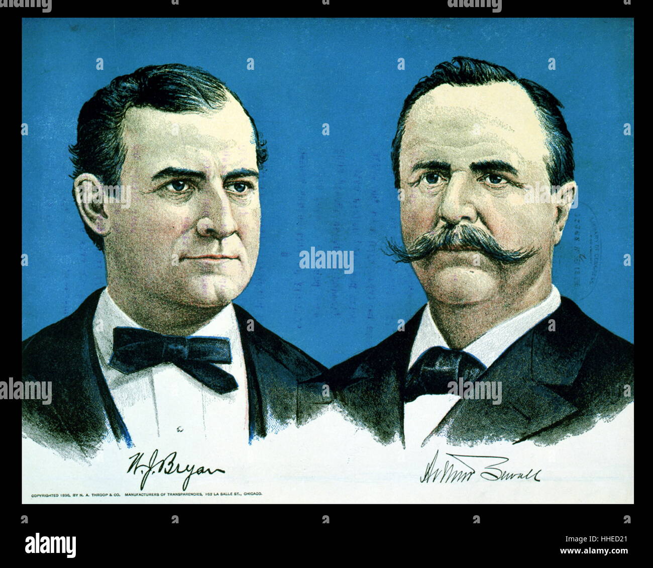 William J. Bryan et Arthur Sewall 1896. En 1896, William Jennings Bryan se présente sans succès à la présidence des États-Unis. Bryan, un ancien membre du Congrès démocrate du Nebraska, a gagné son parti à la présidence nomination en juillet de la même année après l'électrification de la Convention Nationale Démocratique avec sa croix d'or discours. Les démocrates nommé Arthur Sewall, un riche banquier Maine et constructeur, pour la vice-présidence. Banque D'Images