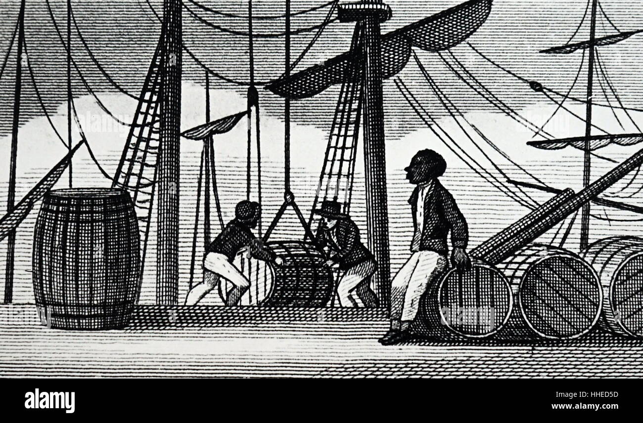 Des esclaves : déchargement de sucre des Antilles au docks de Bristol, Angleterre du Sud-Ouest. 1823. Banque D'Images