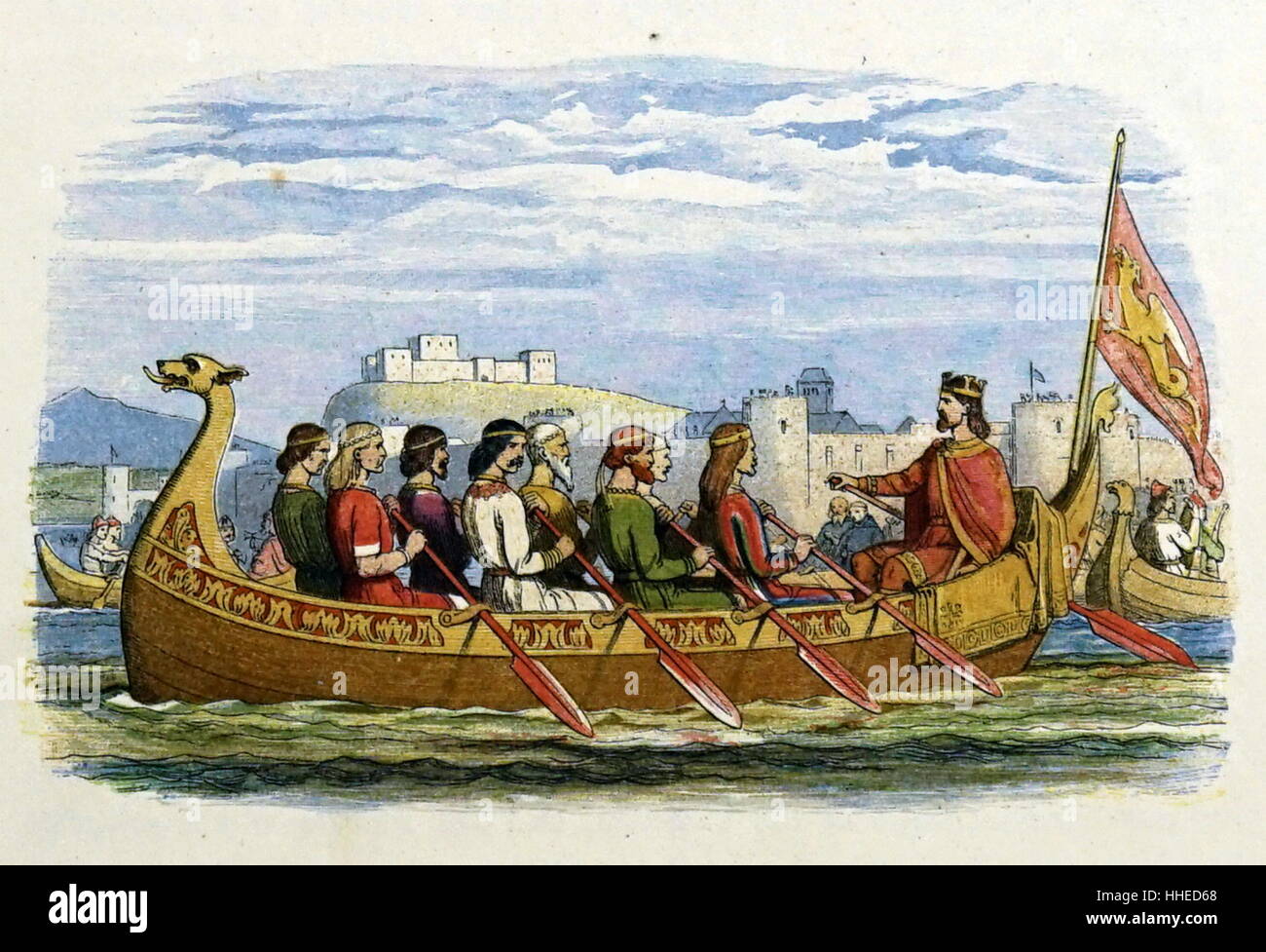 Edgar J, le paisible (C943-975) Roi d'Angleterre anglo-saxonne 959-975 dans son état d'être barge ramé jusqu'à la rivière Dee par huit rois britanniques. Gravure sur bois imprimée en couleur par James Doyle (1822-1892) Banque D'Images