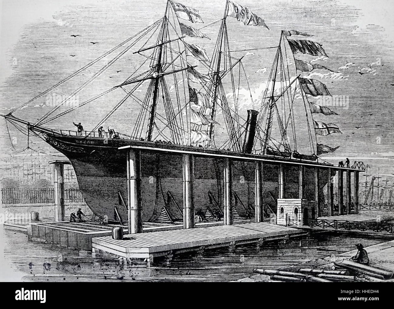 Illustration d'un ascenseur hydraulique au Victoria Docks. En date du 19e siècle Banque D'Images