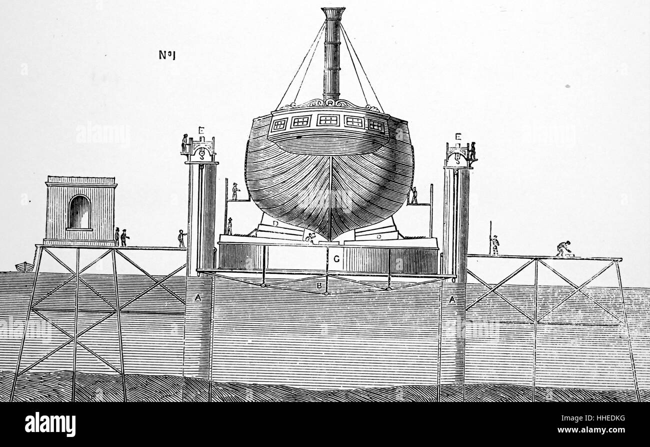 Illustration représentant un ascenseur hydraulique au Victoria Docks, conçu par Edwin Clark (1814-1894) un ingénieur civil anglais. En date du 19e siècle Banque D'Images