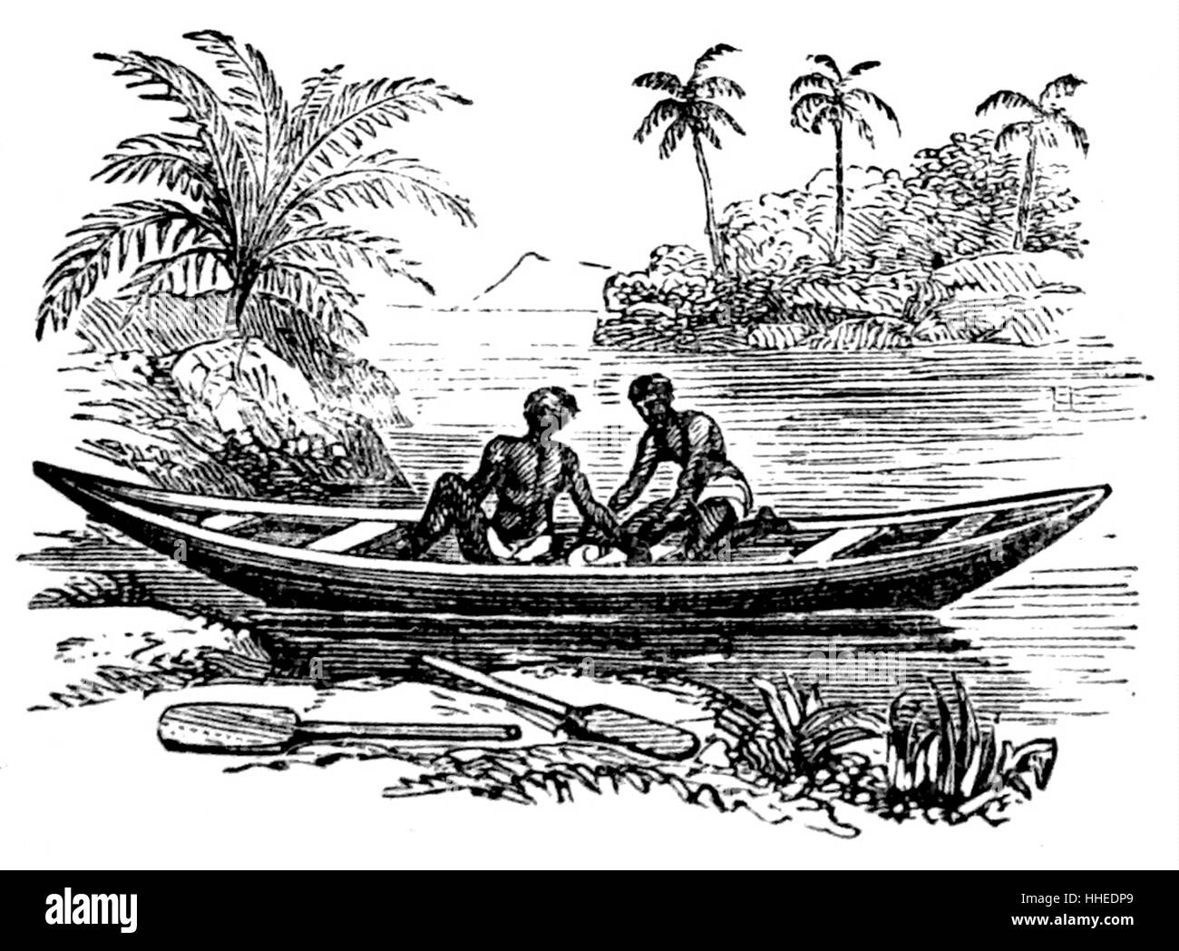 Gravure représentant un canot utilisé par Island Caribs, les peuples autochtones d'une des Petites Antilles dans les Caraïbes. En date du 19e siècle Banque D'Images