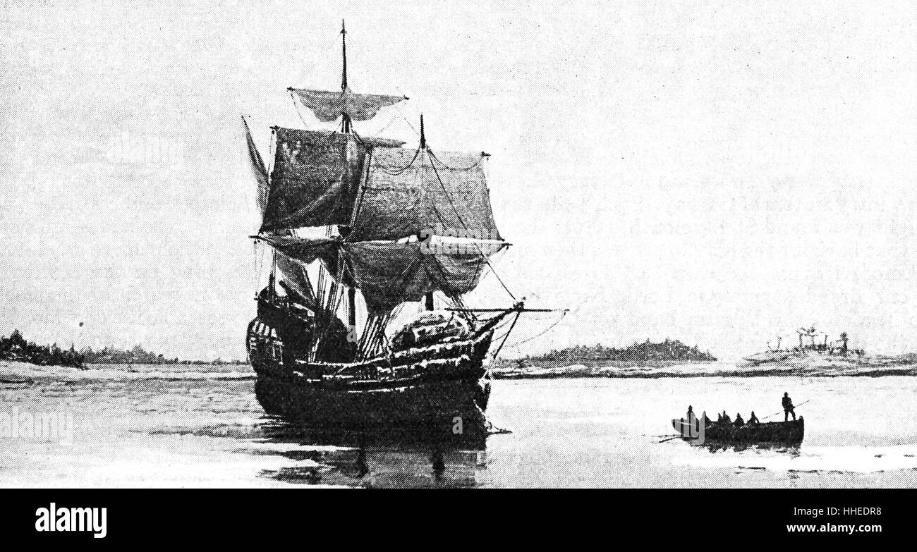 Mayflower à Plymouth Harbor par William Halsall, un peintre de Marine. En date du 19e siècle Banque D'Images