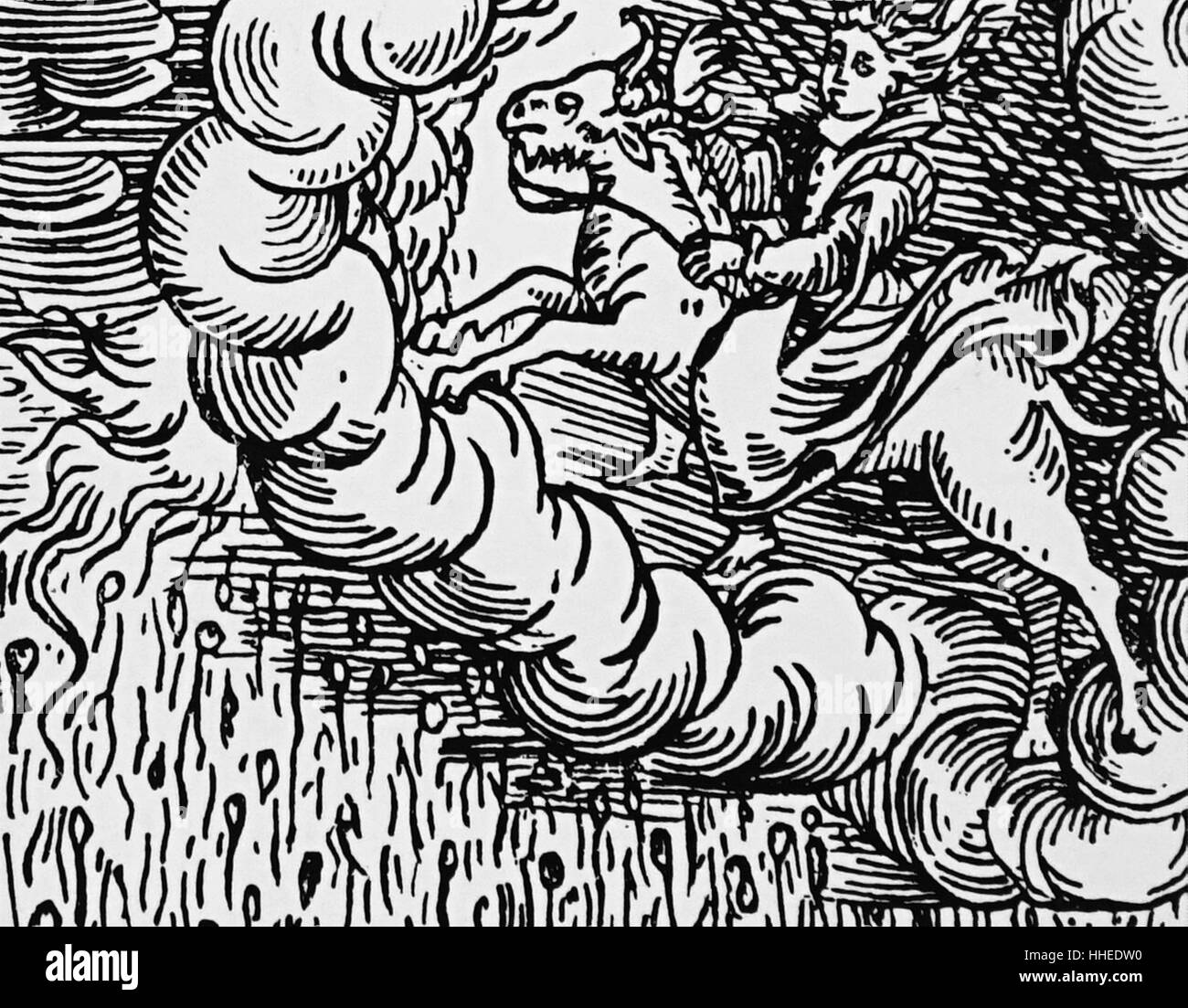 Gravure sur bois représentant une sorcière, équitation une chèvre (le diable) à travers le ciel, faisant tomber la pluie des nuages. De Francesco Maria Guazzo (1500-1600) Compendium Maleficarum. En date du 17e siècle Banque D'Images