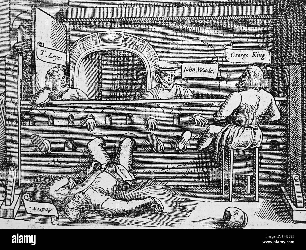 Gravure représentant les détenus confinés dans des stocks dans les Lollards Tower, Lambeth. Les Lollards étaient une secte chrétienne réformiste dirigé par John Wycliffe. En date du 14e siècle Banque D'Images