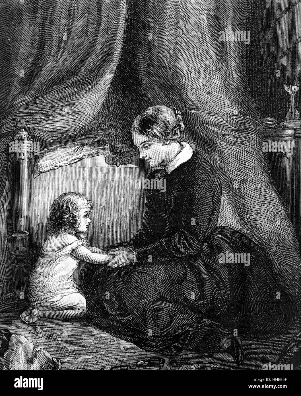 Gravure représentant une mère sa jeune fille d'enseignement comment prier. En date du 19e siècle Banque D'Images