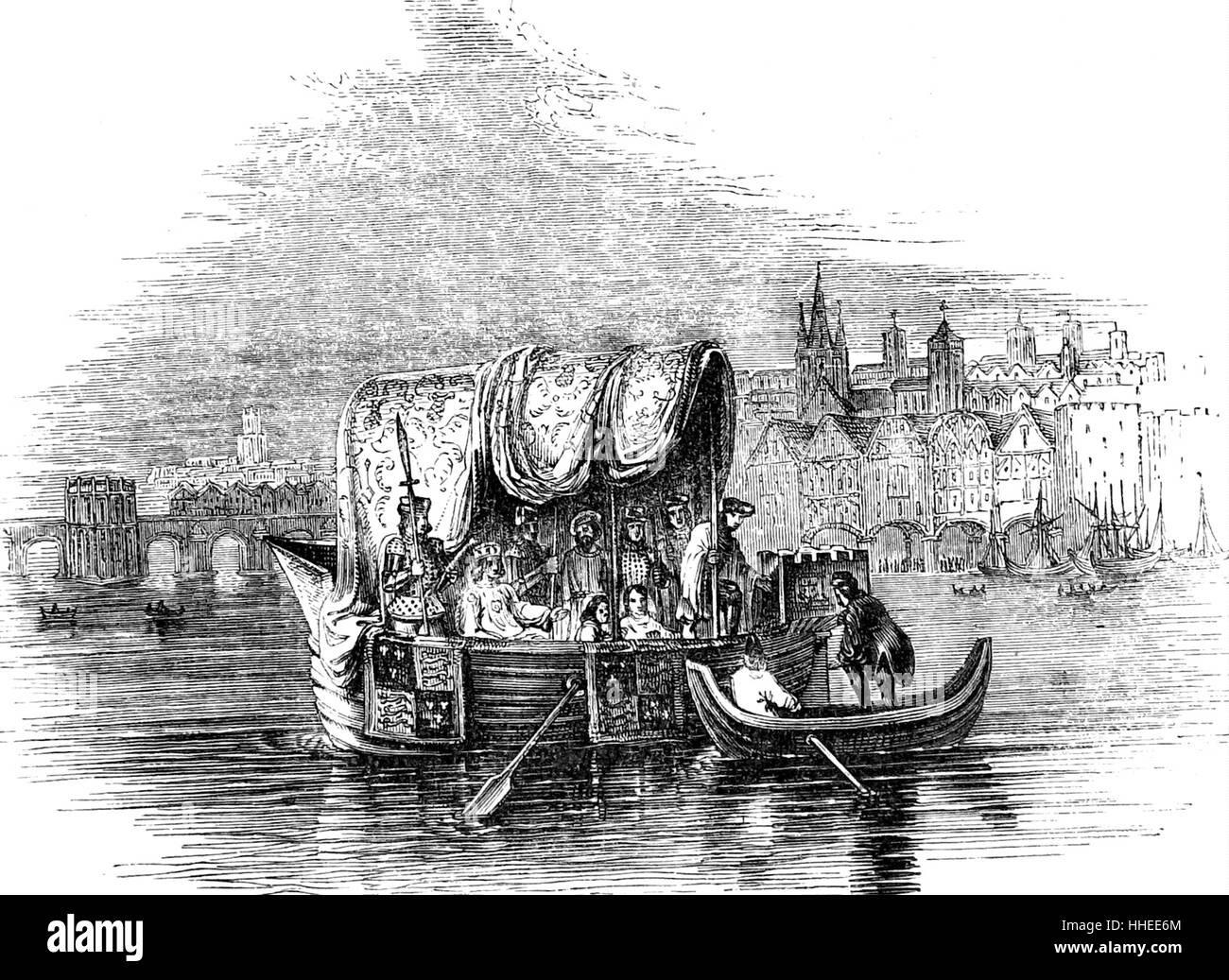 Gravure illustrant la Barge à Thames, un type de bateau à voile commercial commun sur la Tamise à Londres au 19ème siècle. Banque D'Images