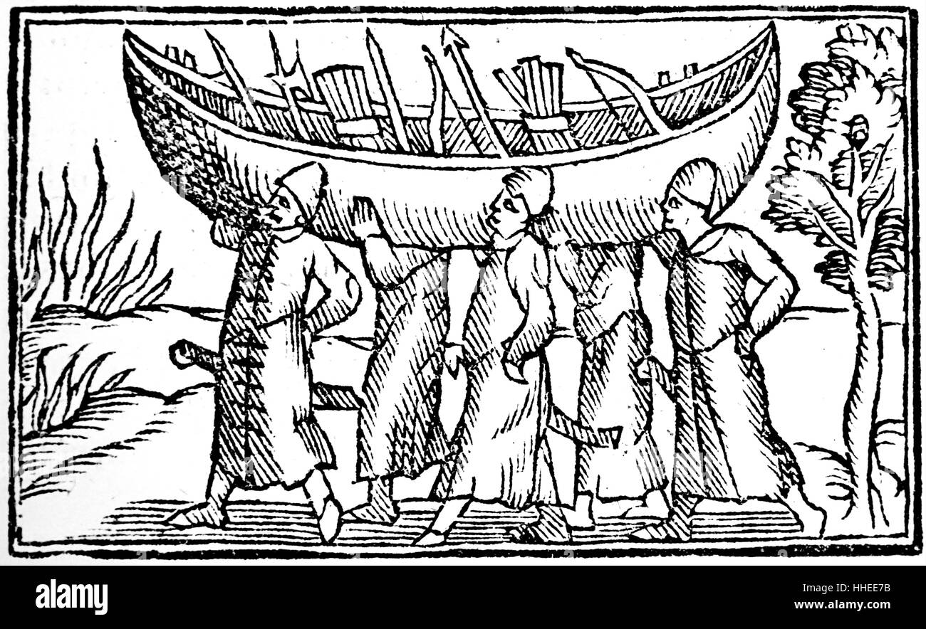 Gravure de muscovite brigands portant un canoe overland sur leur façon de commettre un crime. En date du 16e siècle Banque D'Images