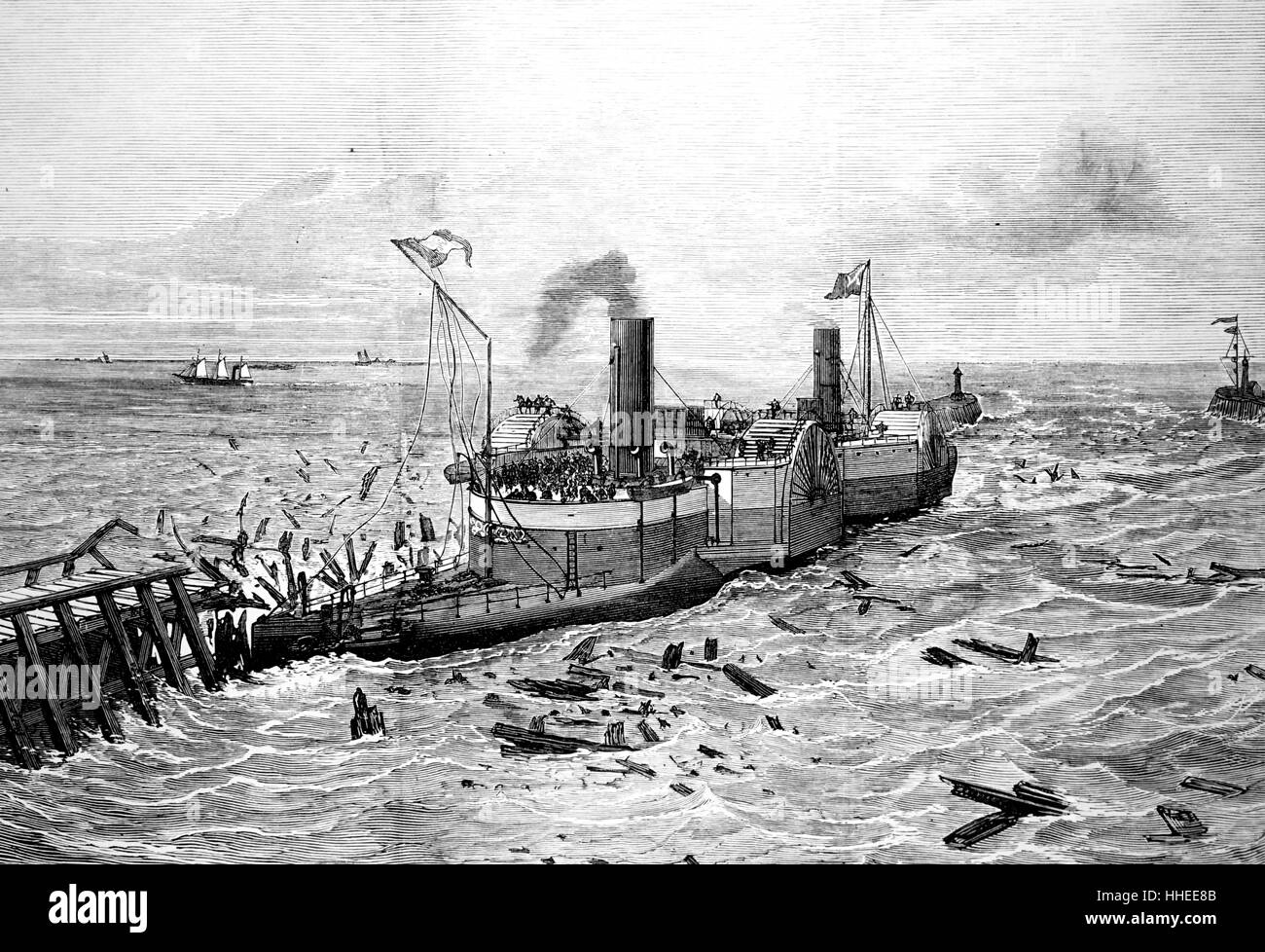 Gravure représentant Henry Bessemer's cross-channel steamer obstruant la jetée à Calais. En date du 19e siècle Banque D'Images