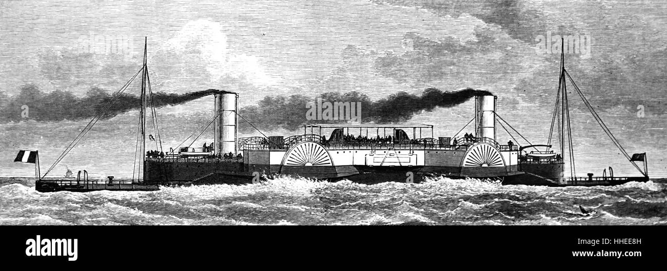 Gravure représentant Henry Bessemer's cross-channel steamer obstruant la jetée à Calais. En date du 19e siècle Banque D'Images