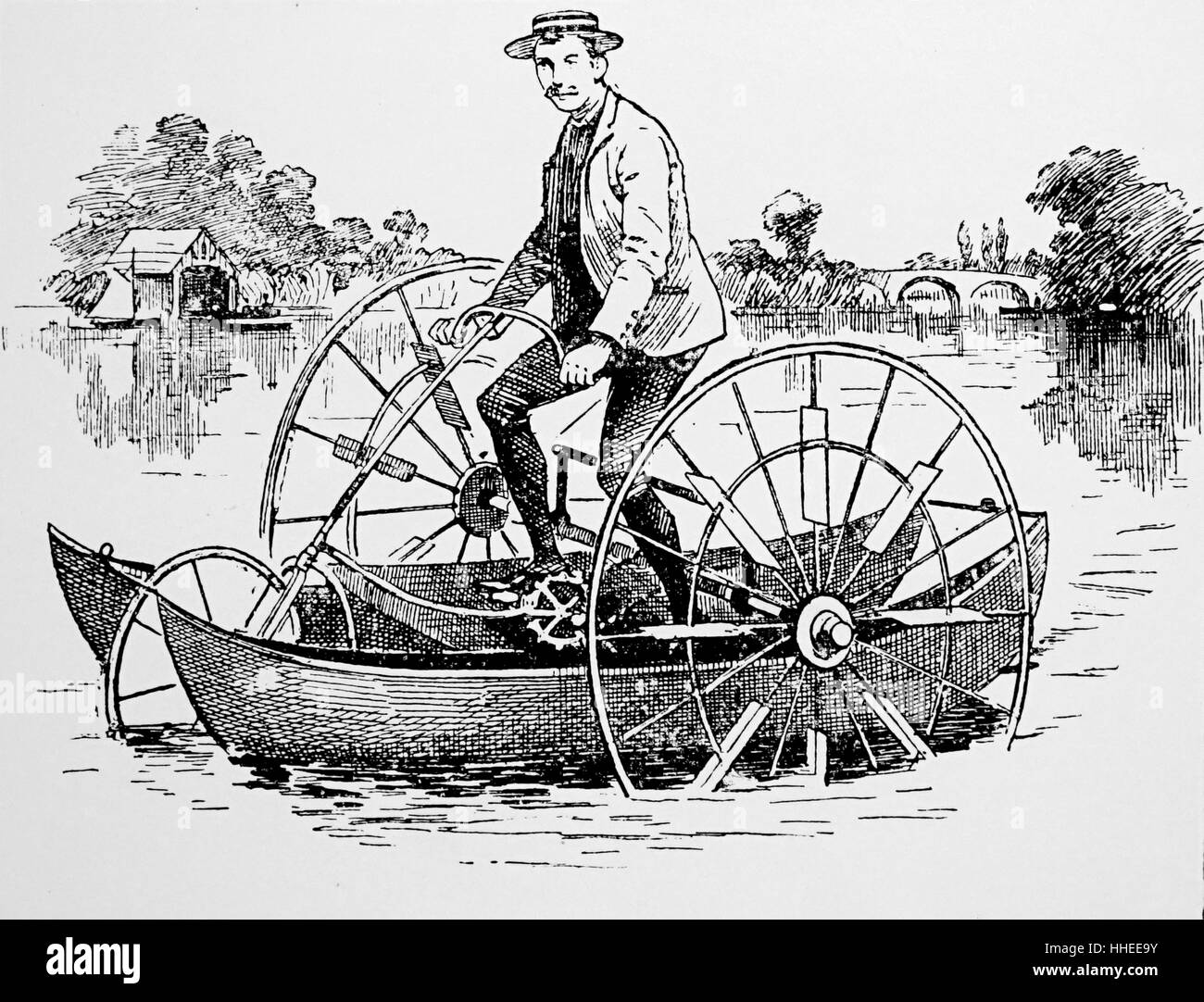 Gravure représentant une combinaison tricycle et voile pour utilisation sur terre ou l'eau. En date du 19e siècle Banque D'Images