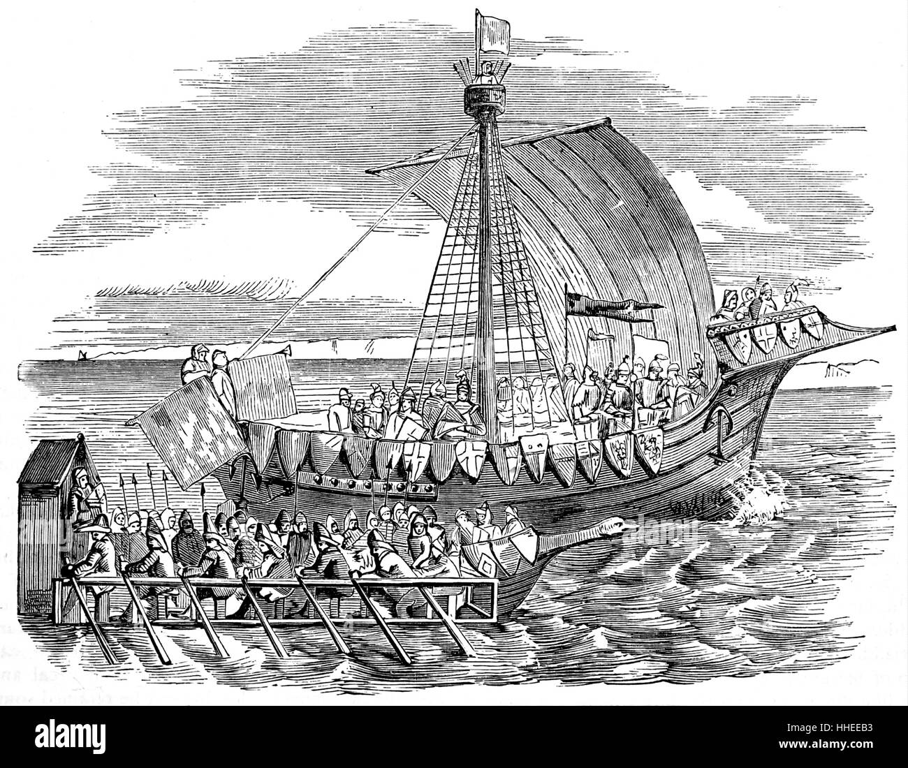 Gravure d'un navire de guerre et la cuisine du 15ème siècle. En date du 19e siècle Banque D'Images
