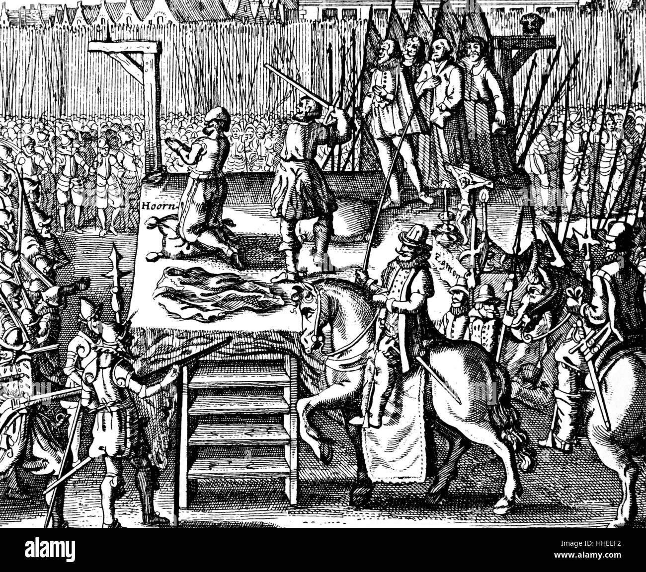 Gravure représentant l'exécution de Lamoral, comte d'Egmont et Philippe de Montmorency, comte de Horn lors la tyrannie espagnole aux Pays-Bas. Le duc d'Alva, qui ont appliqué la règle Catholique Espagnol brutal dans le Pays-Bas Protestants, est représenté sur un cheval. En date du 16e siècle Banque D'Images