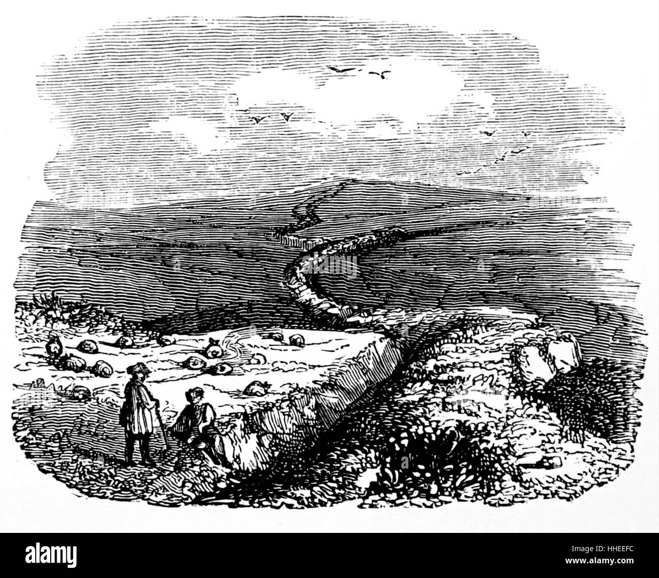 Gravure représentant Fosse Way, également connu sous le nom de digue du Wan ou Woden's Dyke, qui s'étend sur environ 80 kilomètres de le Canal de Bristol à Hampshire, Wiltshire, Berkshire et Somerset. En date du 19e siècle Banque D'Images