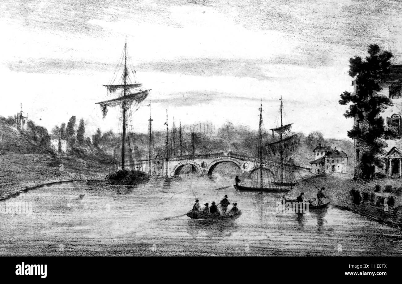 Gravure illustrant la Severn Trow et bateaux à l'entrée du canal Staffordshire et Worcester. En date du 18e siècle Banque D'Images