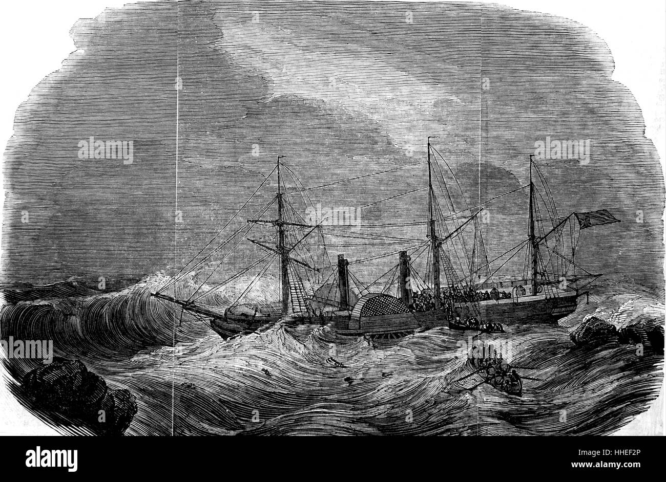 Gravure illustrant la perte de la 'grande' Liverpool, bateau à vapeur au large du cap Finisterre. En date du 19e siècle Banque D'Images