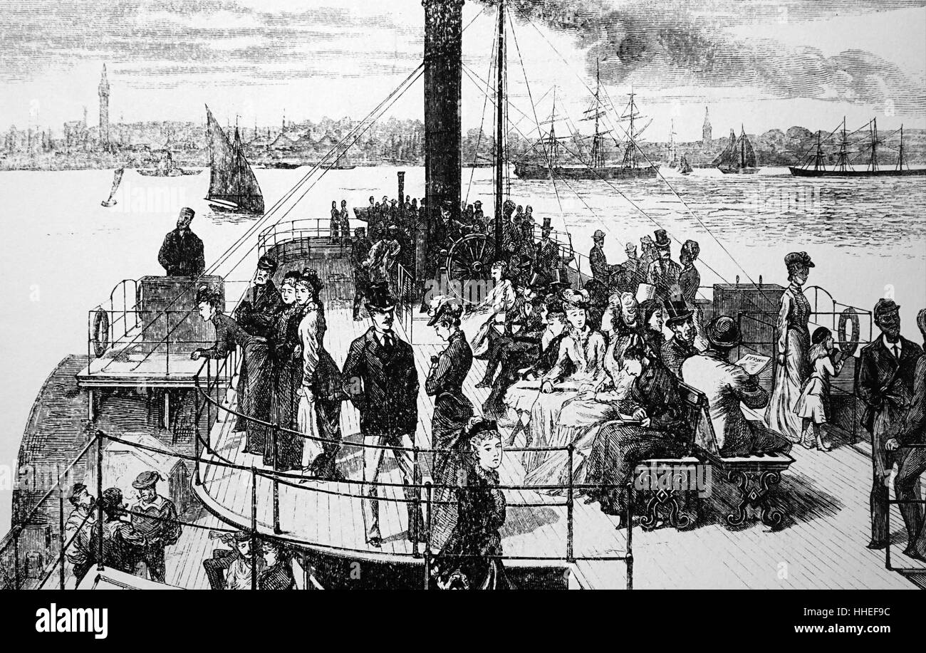 Illustration représentant un ferry traversant la rivière Mersey à Liverpool. En date du 19e siècle Banque D'Images