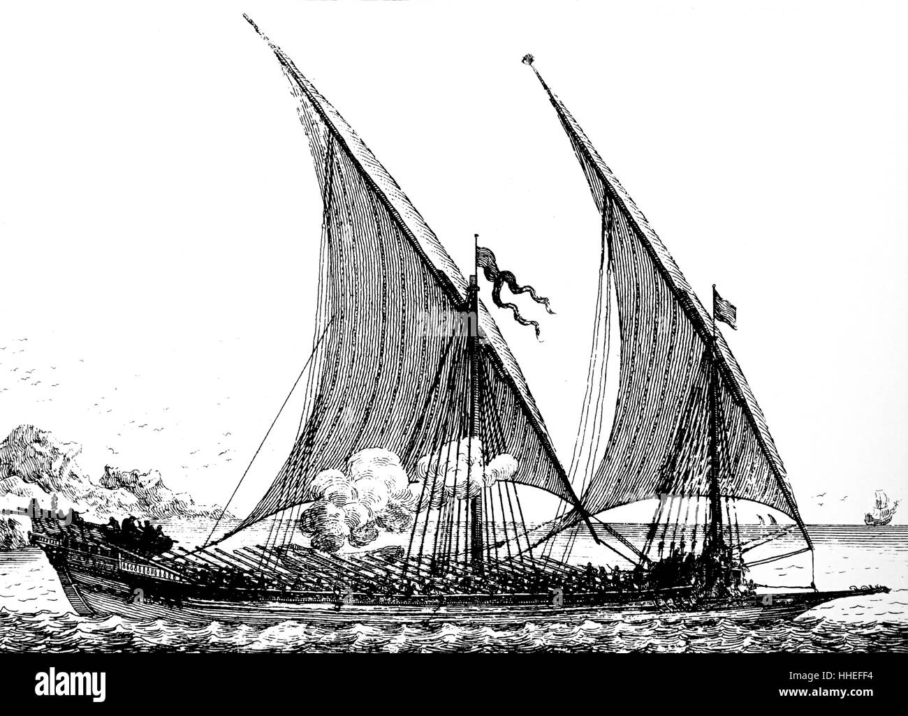 Gravure illustrant une galère sous voiles. En date du 18e siècle Banque D'Images