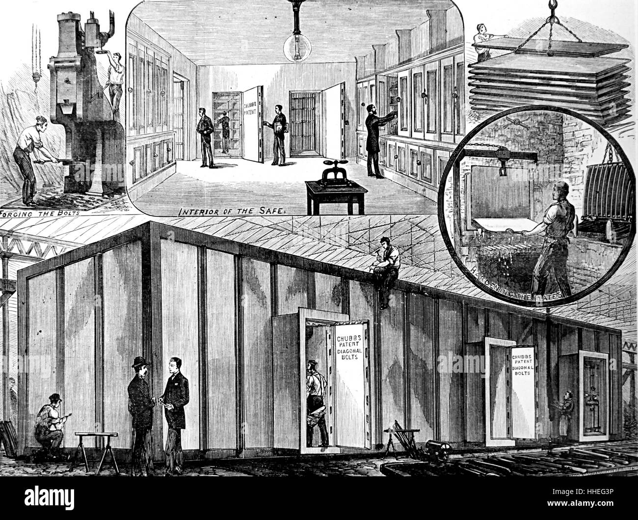 Gravure illustrant la construction d'une chambre forte construite par Chubb & Fils pour la Banque nationale de l'Ecosse. En date du 19e siècle Banque D'Images