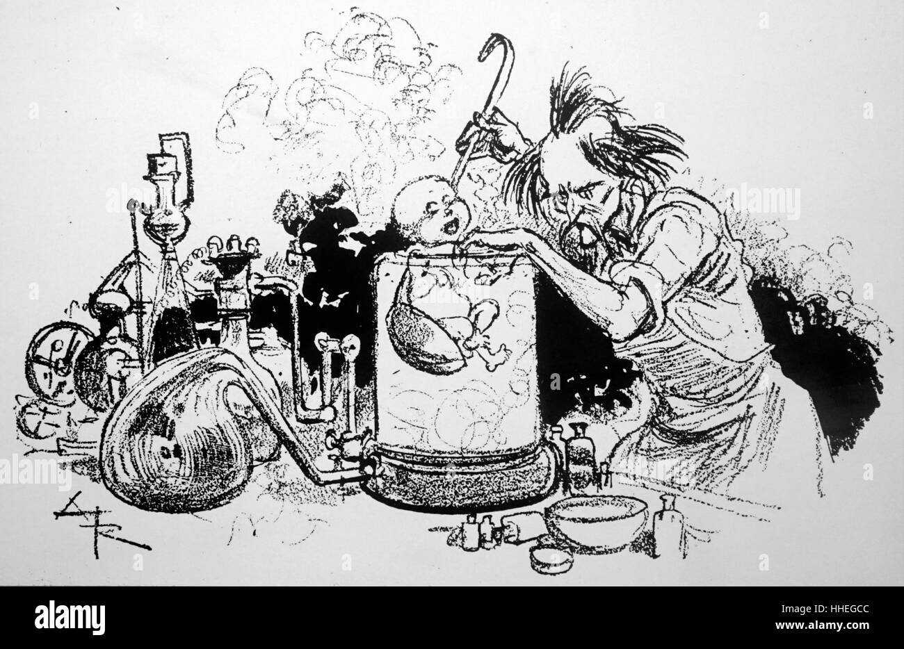 Caricature montrant la création d'un bébé-éprouvette. Illustré par Albert Robida (1848-1926), un illustrateur français, graveur, lithographe, caricaturiste, et romancier. En date du 19e siècle Banque D'Images