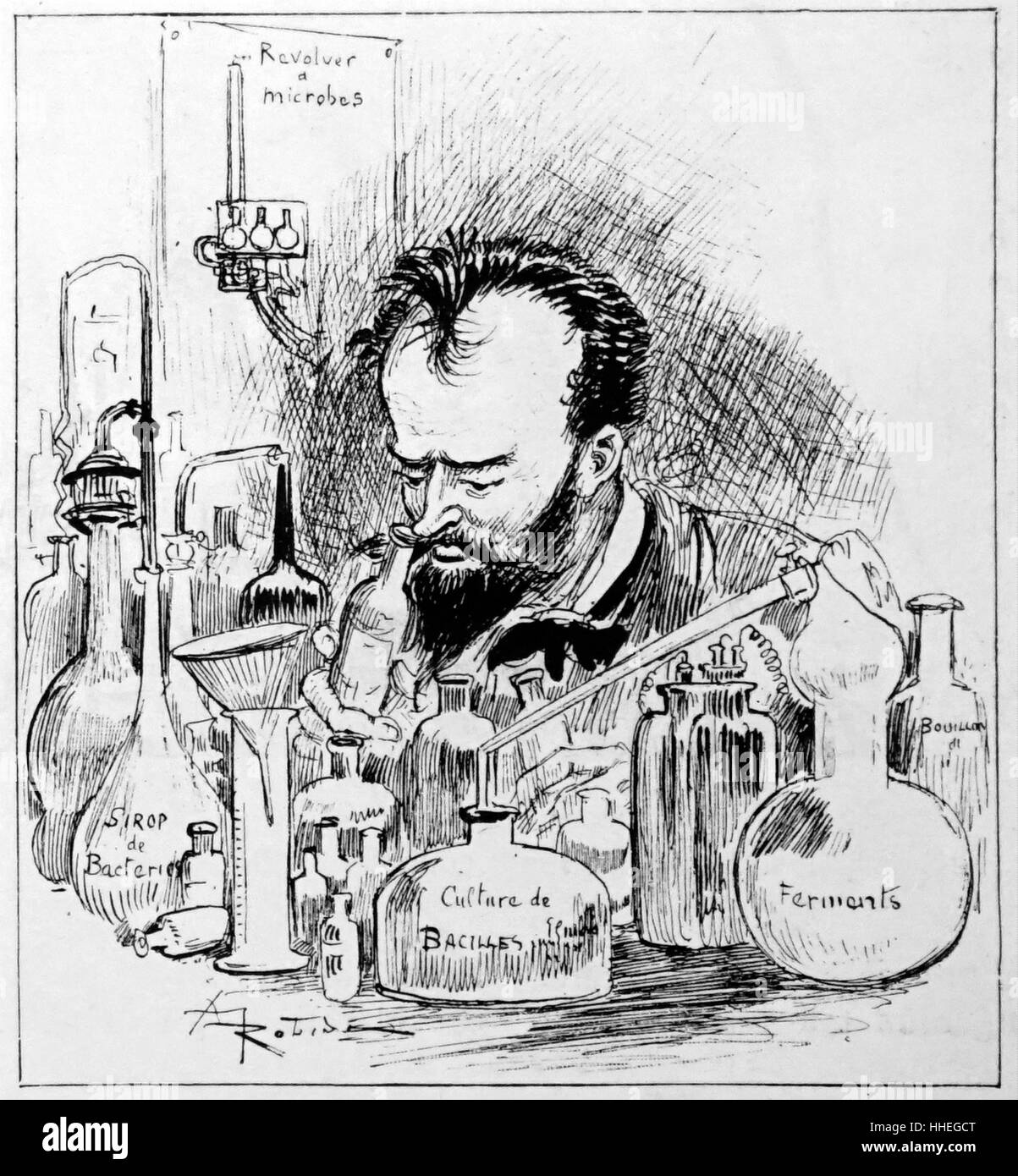 Caricature montrant un ingénieur biologiste par Albert Robida (1848-1926), un illustrateur français, graveur, lithographe, caricaturiste, et romancier. En date du 19e siècle Banque D'Images