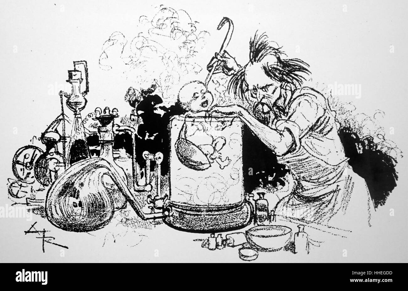 Caricature montrant la création d'un bébé-éprouvette. Illustré par Albert Robida (1848-1926), un illustrateur français, graveur, lithographe, caricaturiste, et romancier. En date du 19e siècle Banque D'Images