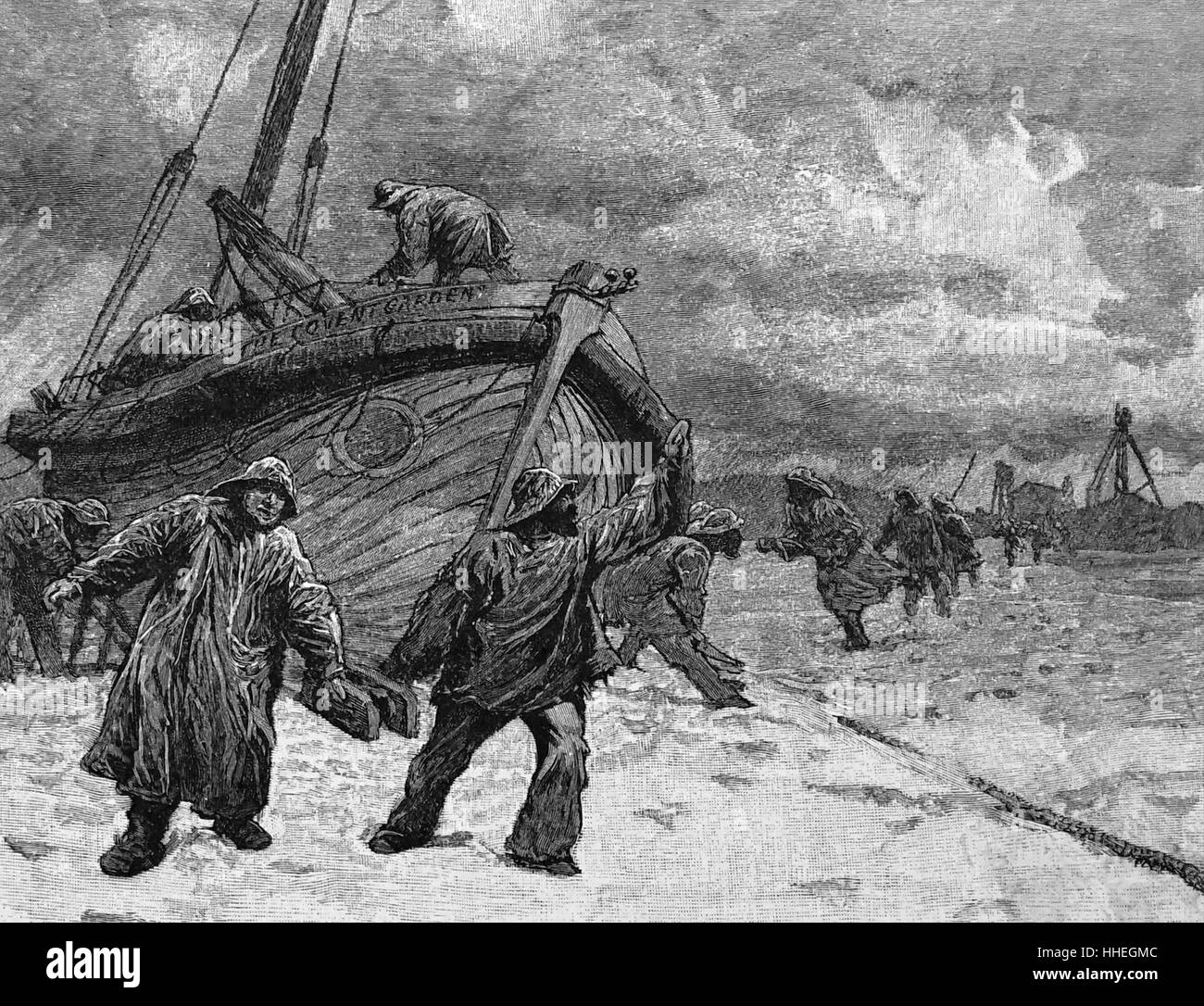 Gravure représentant l'équipage du canot de sauvetage d'un survivant Caister d'un smack de pêche échoué sur la coiffure du sable. En date du 19e siècle Banque D'Images