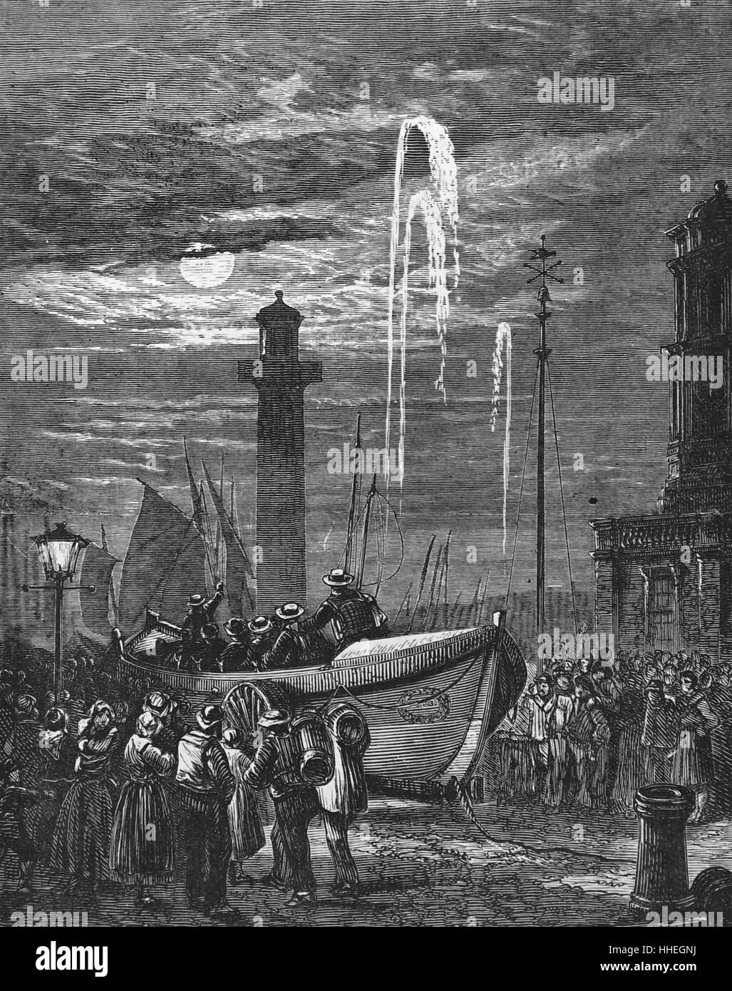 Gravure illustrant l'embarcation "carquois" à Margate Kent d'être lancé pour aller aider un navire en danger. En date du 19e siècle Banque D'Images