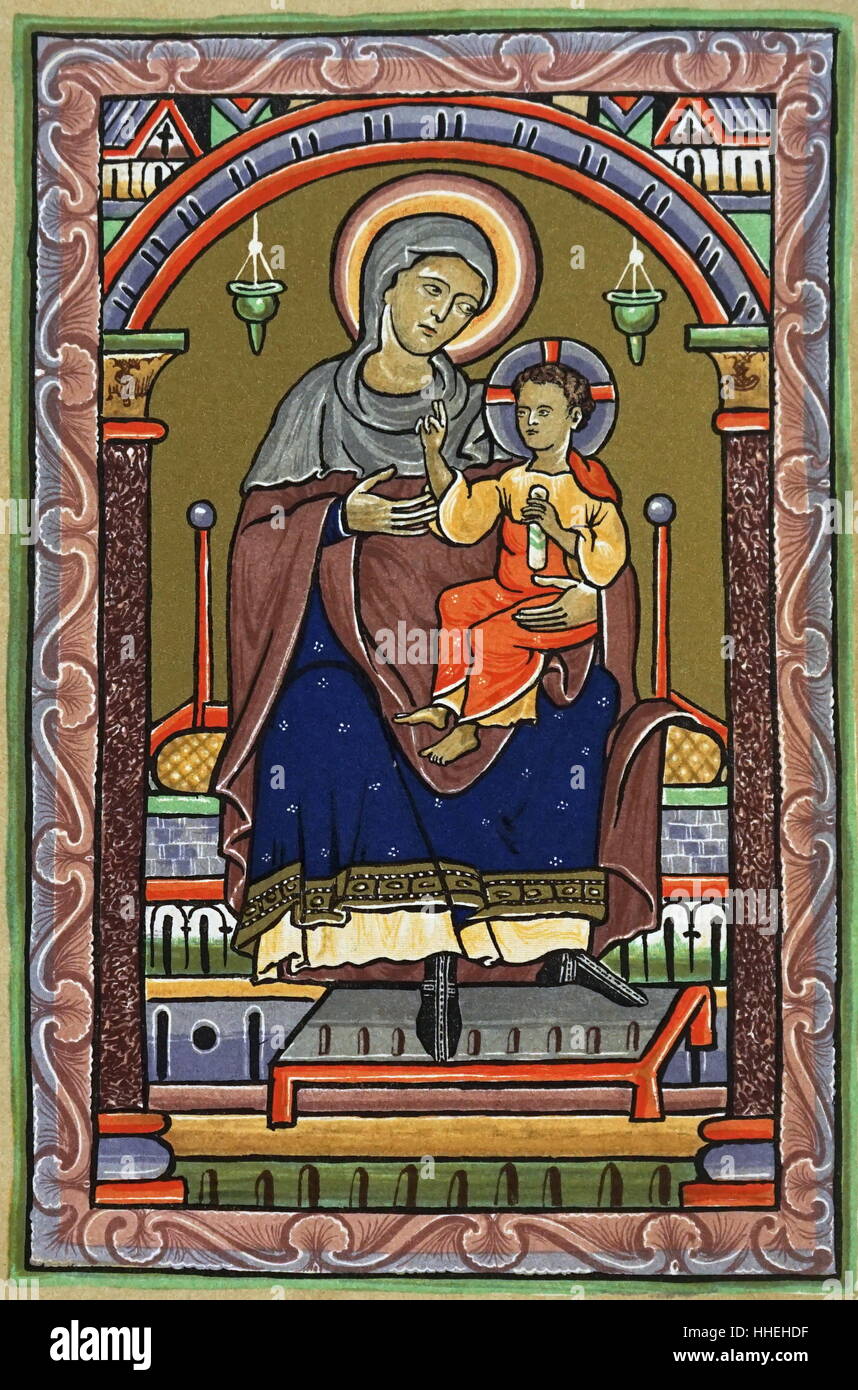 Manuscrit lumineux représentant la Vierge Marie et l'enfant. En date du 13e siècle Banque D'Images