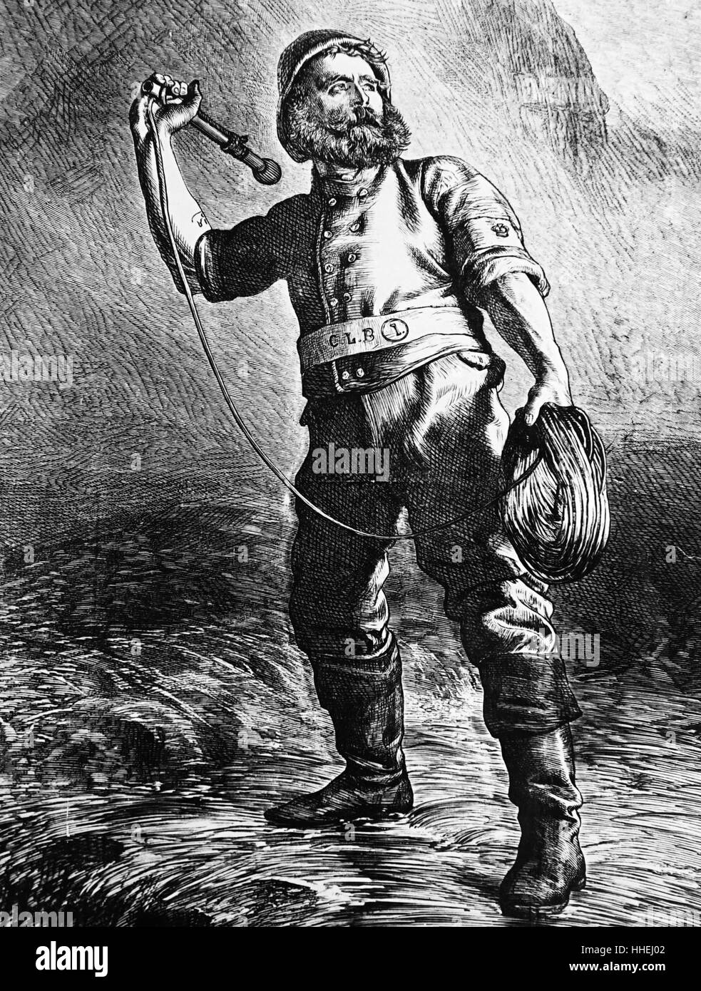 Gravure d'un homme à l'aide d'un projectile ailé portant une ligne d'un rivage à un navire en détresse. En date du 19e siècle Banque D'Images