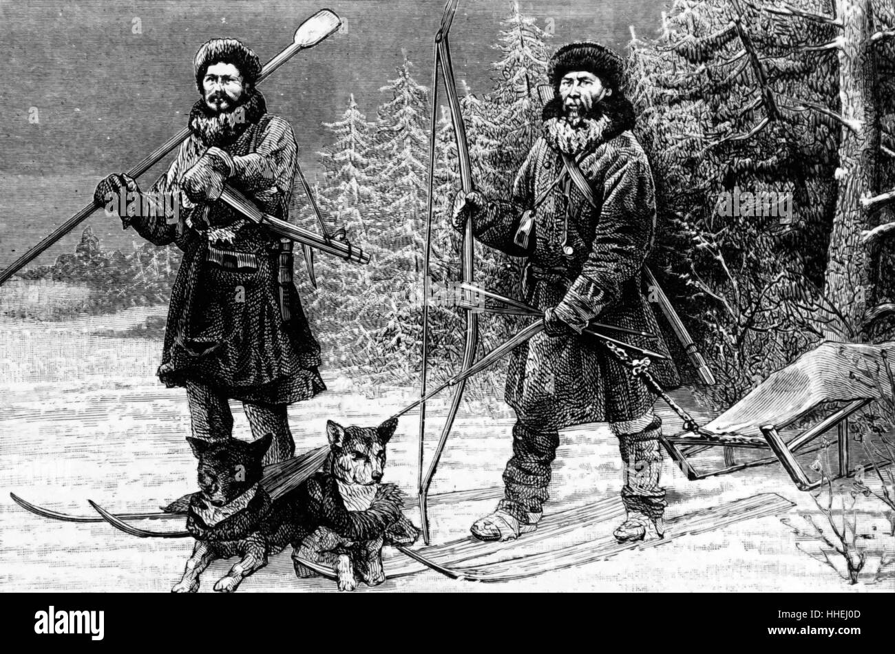 Gravure représentant des chasseurs sibériens sur skis en bois. En date du 19e siècle Banque D'Images
