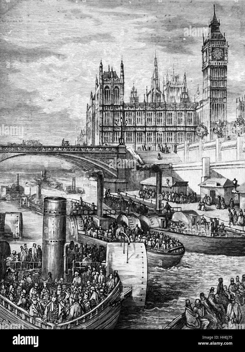 Illustration représentant le Custom House, Londres, montrant occupé à aubes et autre trafic sur la Tamise. En date du 19e siècle Banque D'Images