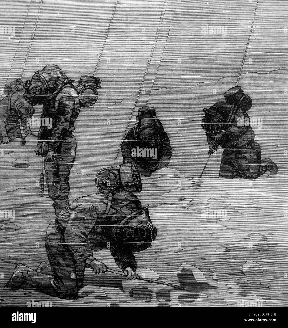 Illustration de plongeurs la préparation de descente pendant le travail sur l'explosion de la porte de l'enfer des roches. En date du 19e siècle Banque D'Images