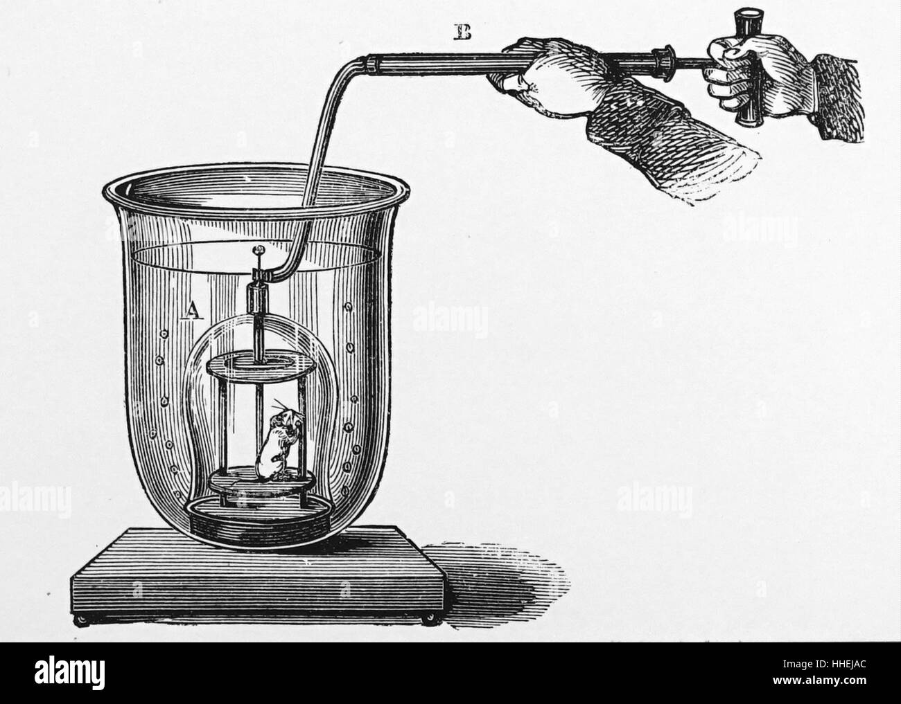 Illustration d'une expérience montrant comment une pompe à condensation peut fournir de l'air à un navire inversé entouré d'eau. En date du 19e siècle Banque D'Images