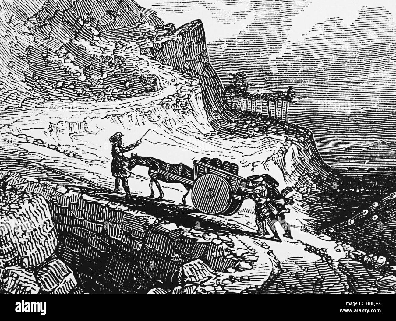 Gravure illustrant la négociation d'un chemin Highland avec un chariot chargé. En date du 19e siècle Banque D'Images