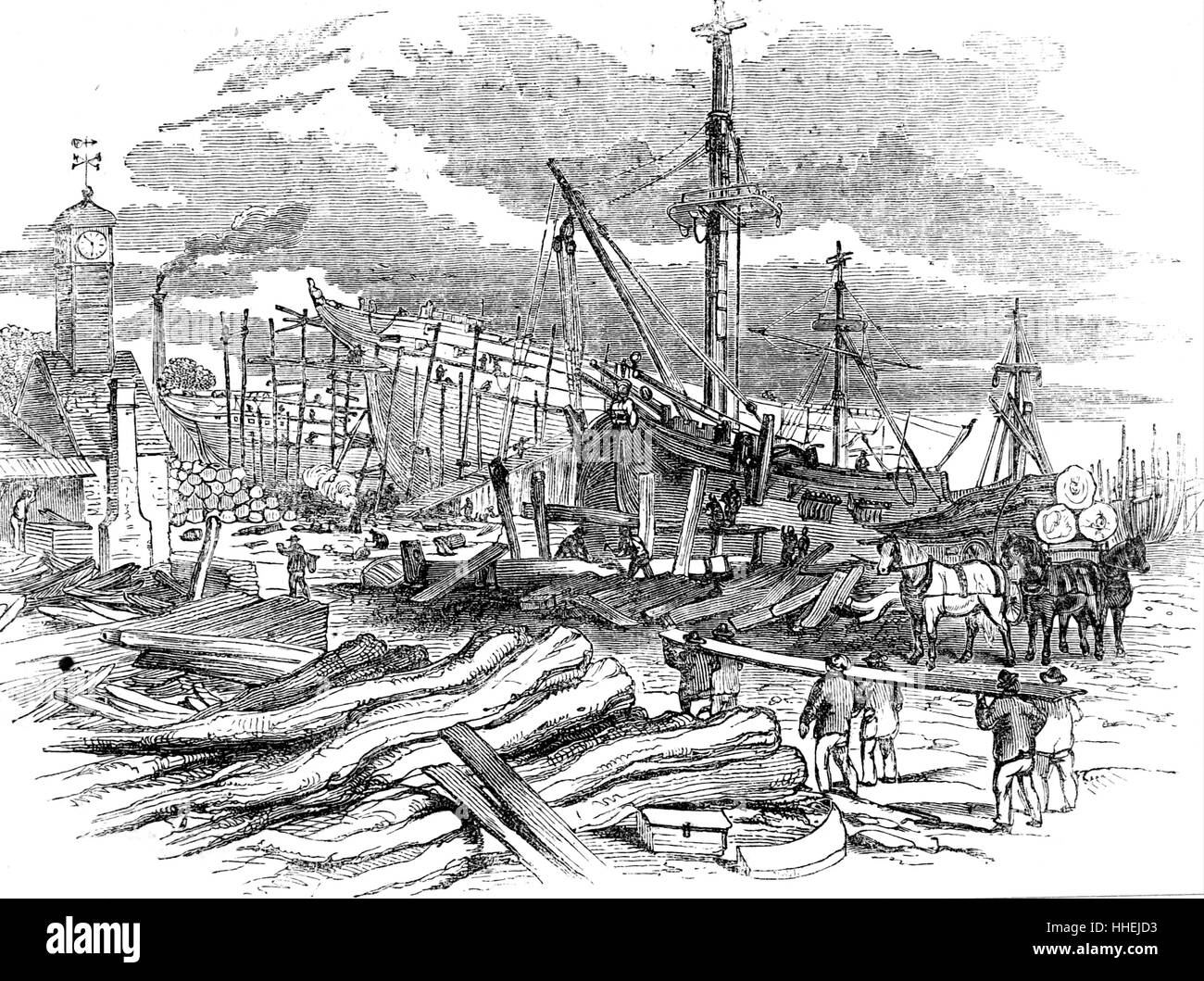 Illustration des navires sur les stocks à vert, Wigrams & chantiers verts, flancs noirs. En date du 19e siècle Banque D'Images
