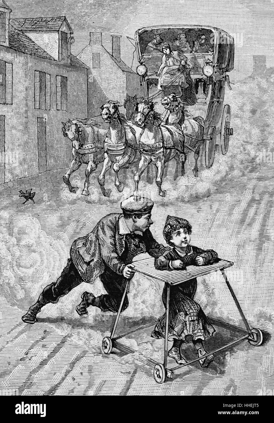 Illustration représentant un frère aîné en poussant son jeune frère, dans un cadre de marche, de la voie d'un transport qui a quitté vers eux. En date du 19e siècle Banque D'Images