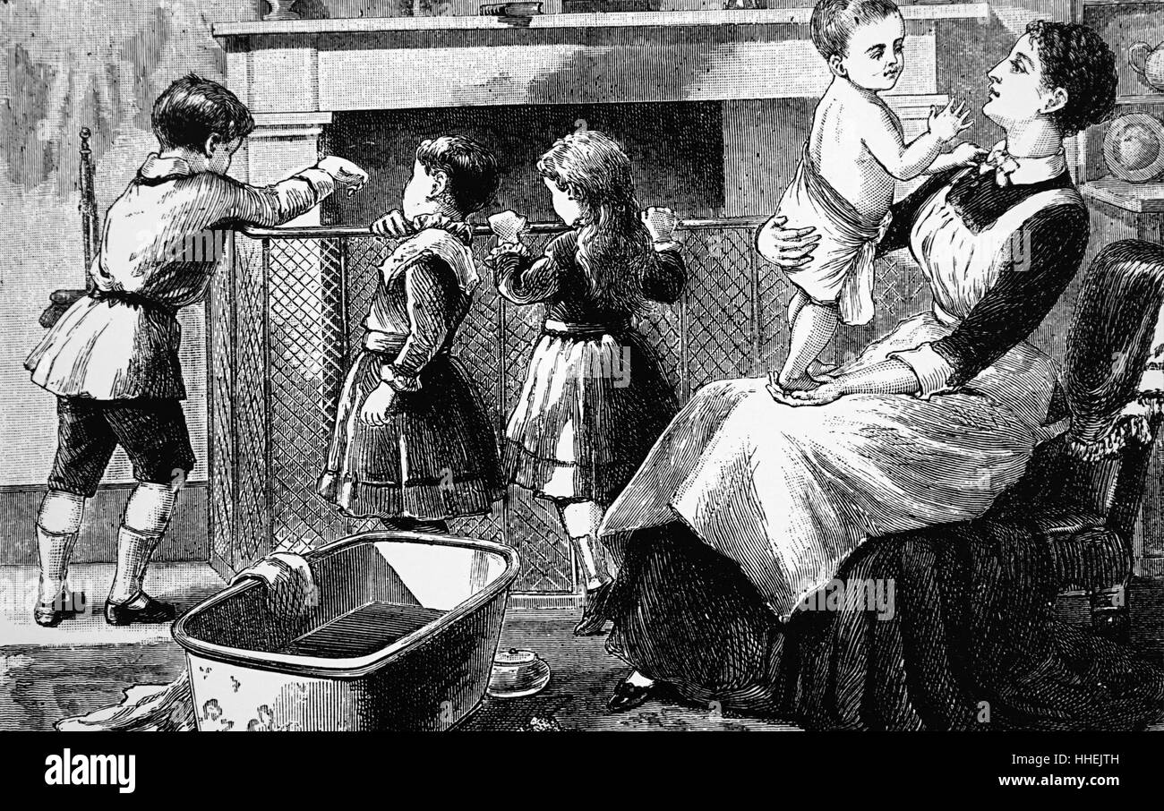 Gravure représentant une jeune nursemaid préparation à 'l'heure du bain" dans une pépinière. En date du 19e siècle Banque D'Images