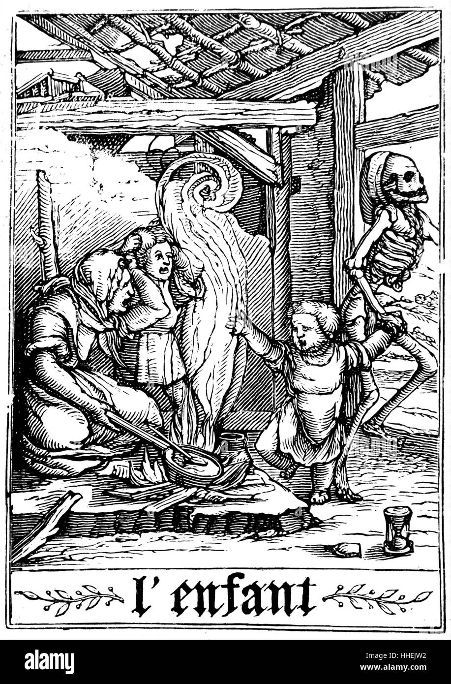 Impression gravure sur bois représentant la mort de voler un enfant de leurs parents dévastés, de Hans Holbein imulachres "de la mort". En date du 16e siècle Banque D'Images