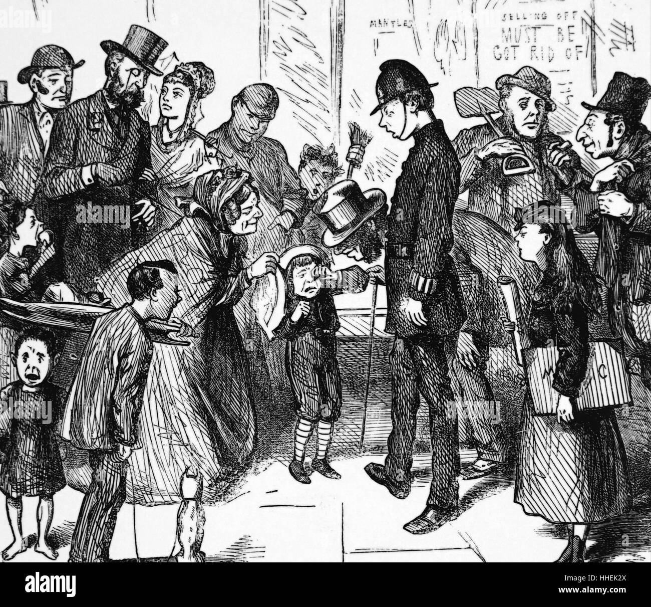 Illustration montrant un policier et les passants en essayant d'aider un enfant perdu par Fred Barnard. Fred Barnard (1846-1896), un illustrateur anglais victorien, caricaturiste et peintre de genre. En date du 19e siècle Banque D'Images
