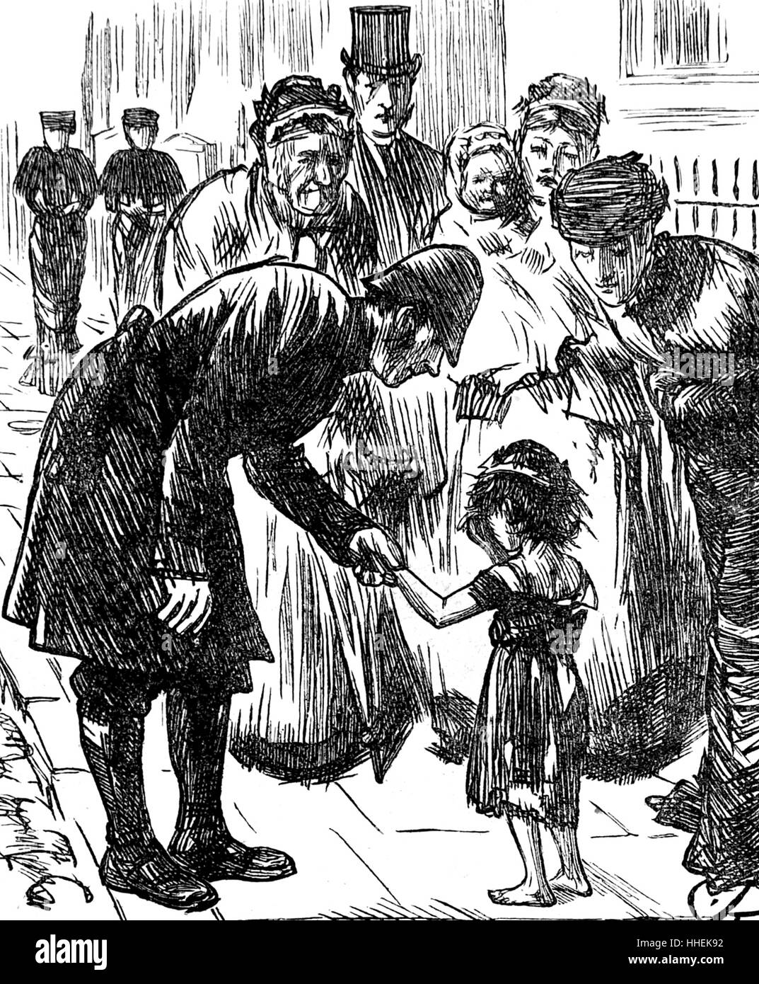 Illustration montrant un policier et les passants en essayant d'aider un enfant perdu par Fred Barnard. Fred Barnard (1846-1896), un illustrateur anglais victorien, caricaturiste et peintre de genre. En date du 19e siècle Banque D'Images