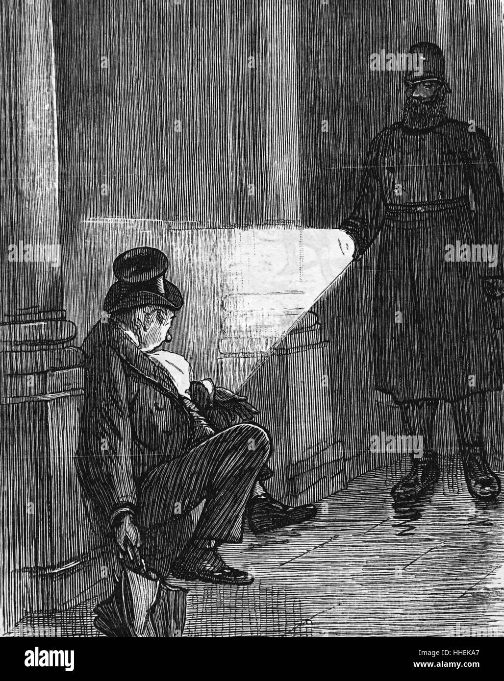 Illustration montrant un policier d'achoppement entre un ivrogne. En date du 19e siècle Banque D'Images