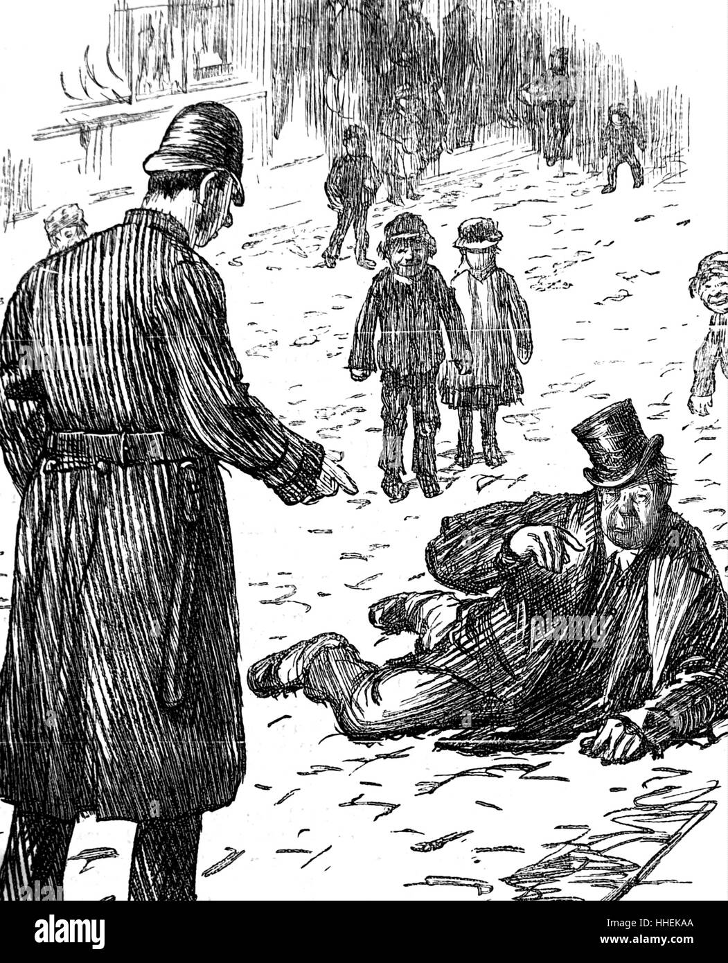 Illustration montrant un policier d'achoppement entre un ivrogne. En date du 19e siècle Banque D'Images