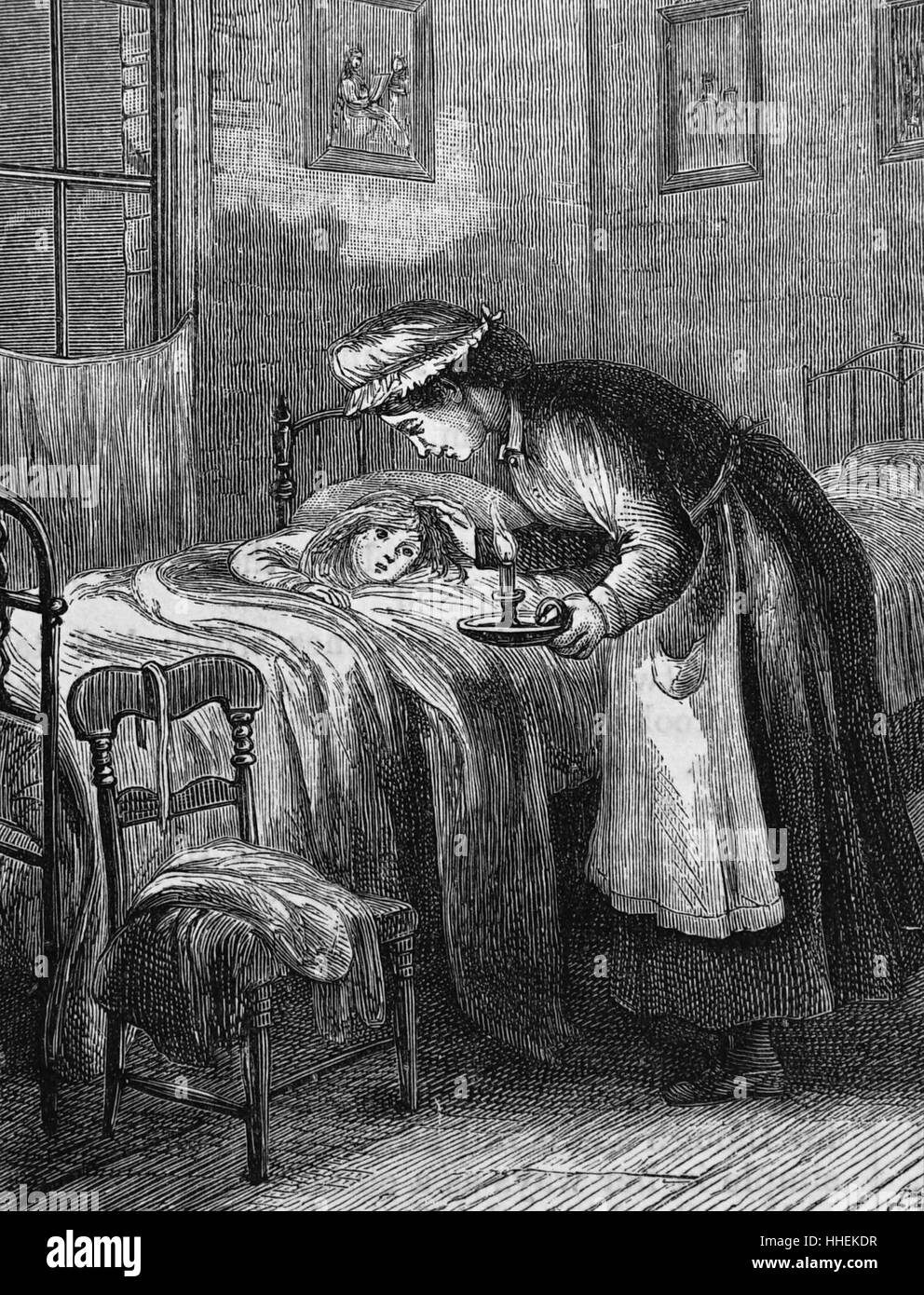 Illustration représentant une femme de réconforter un enfant dont la mère vient de mourir. En date du 19e siècle Banque D'Images