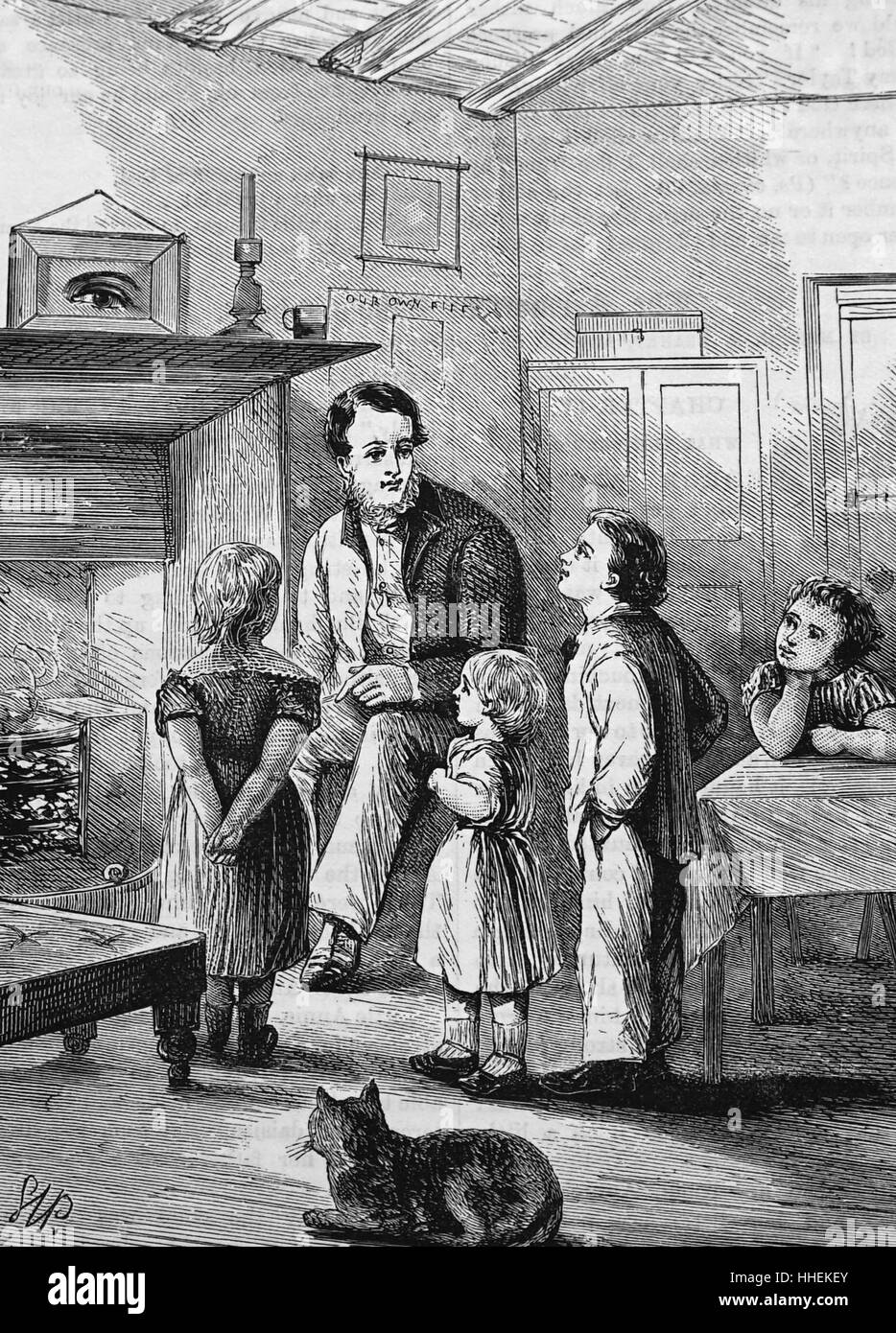 Illustration représentant un père parlant avec ses enfants avant le coucher. En date du 19e siècle Banque D'Images