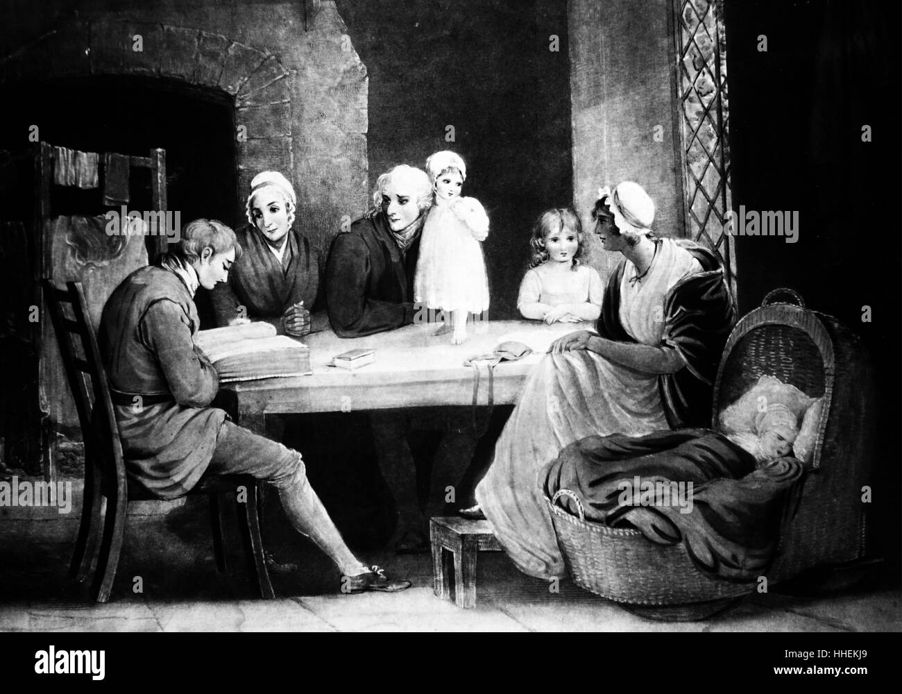 L'aquatinte intitulée "La Lecture" représentant trois générations d'écouter une lecture de la bible de famille. L'aquatinte par Charles Turner (1773-1857) après la photo de Maria Anne Villeneuve (1777-1820). En date du 19e siècle Banque D'Images