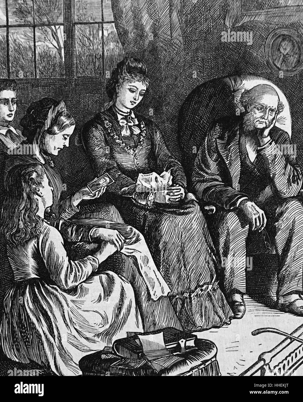 Illustration représentant une famille assise dans la lumière du feu d'hiver, tout en pensant de lointains et dead membre. En date du 19e siècle Banque D'Images