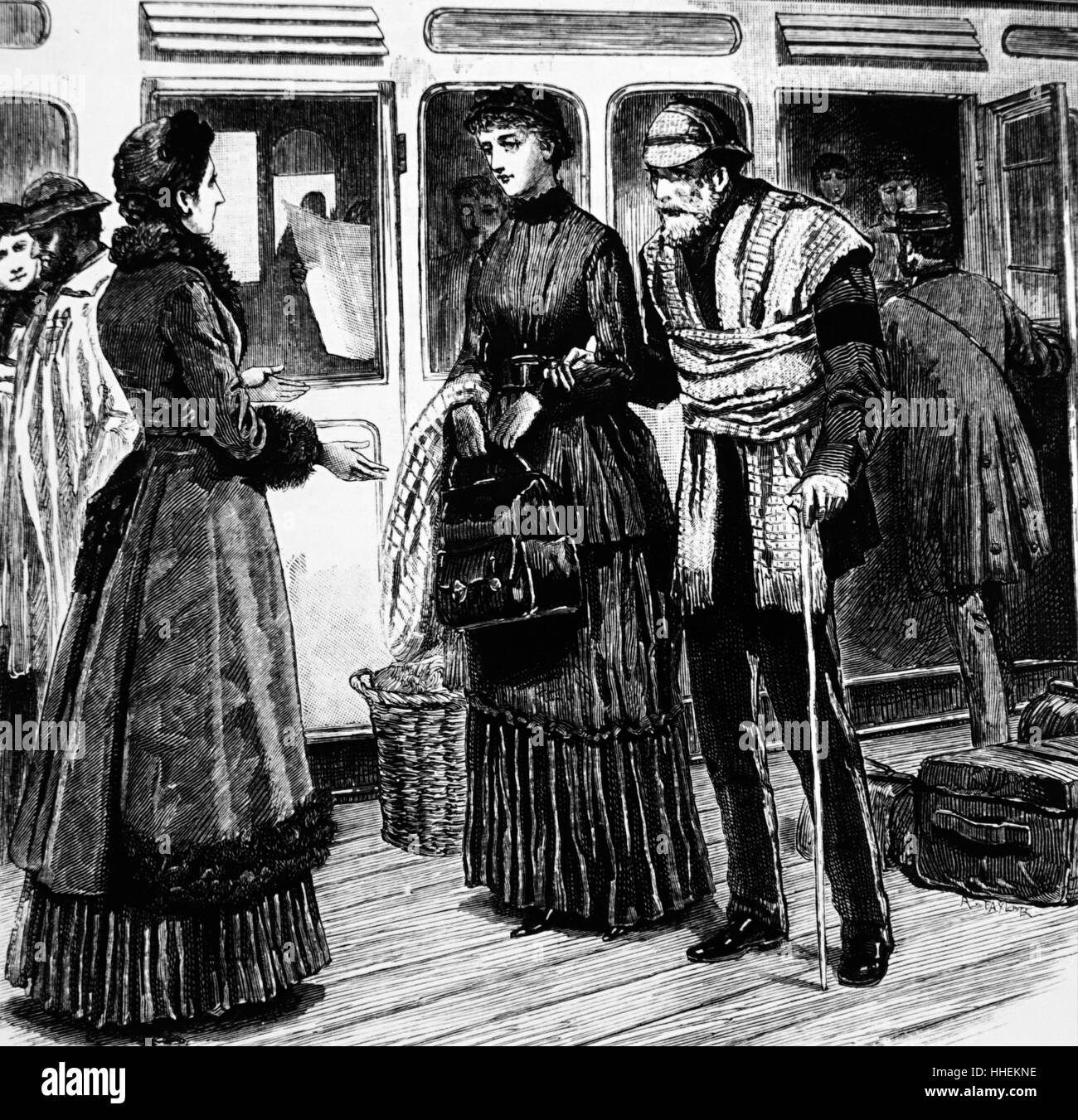 Illustration représentant un veuf âgé, portant une bande de deuil, d'arriver à une station escorté par sa fille. Illustré par Walter S. Stacey. En date du 19e siècle Banque D'Images